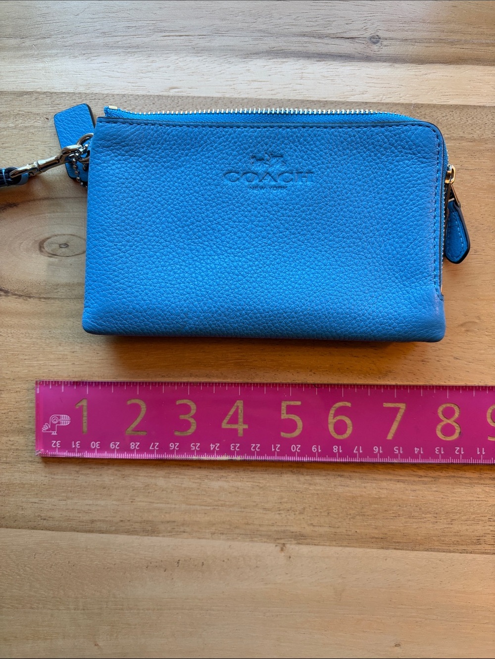 Like New Coach Bright Blue Pebbled Leather Double Zip Wristlet